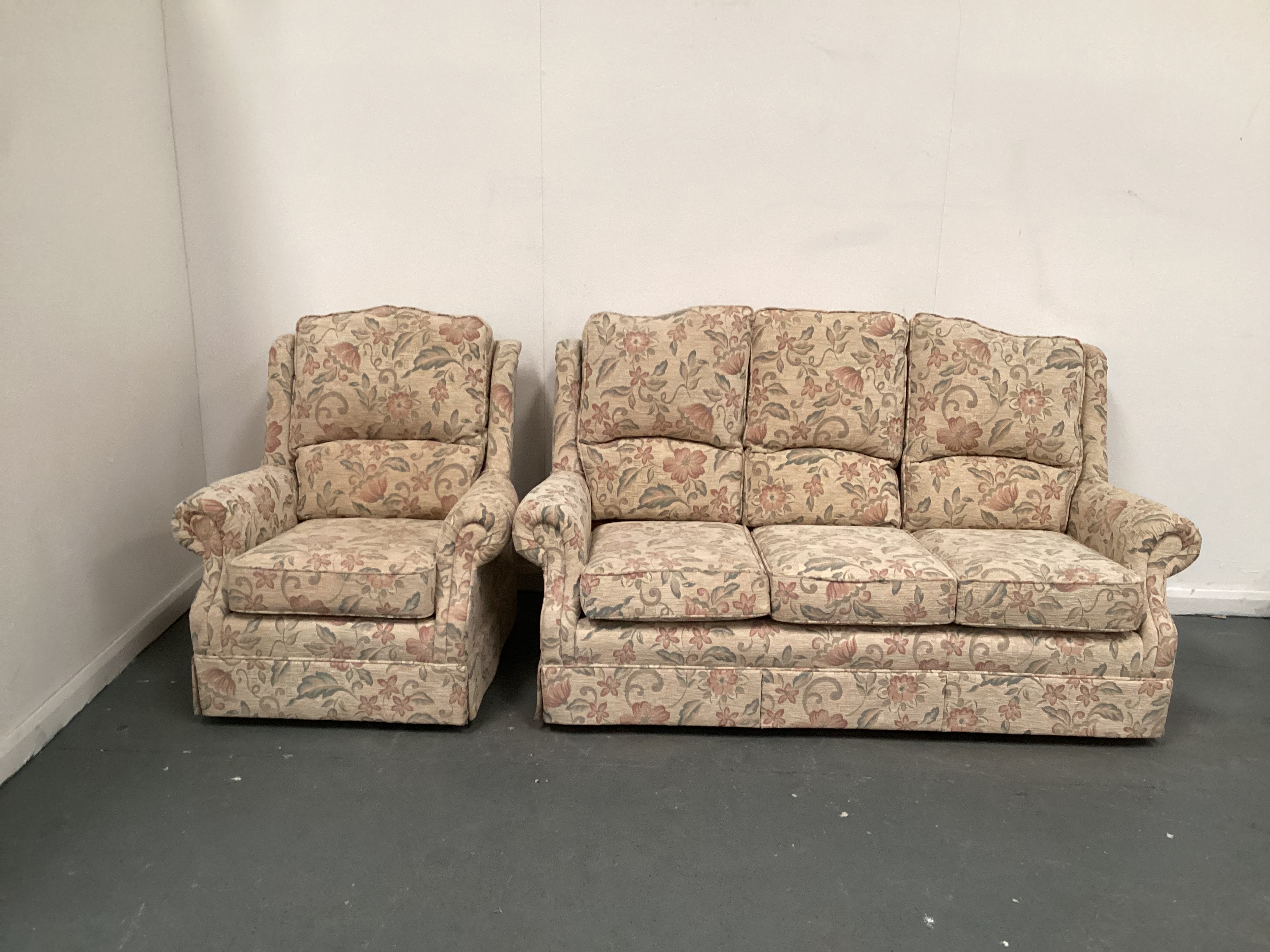    Beige Floral 3 Seater Sofa and Armchair