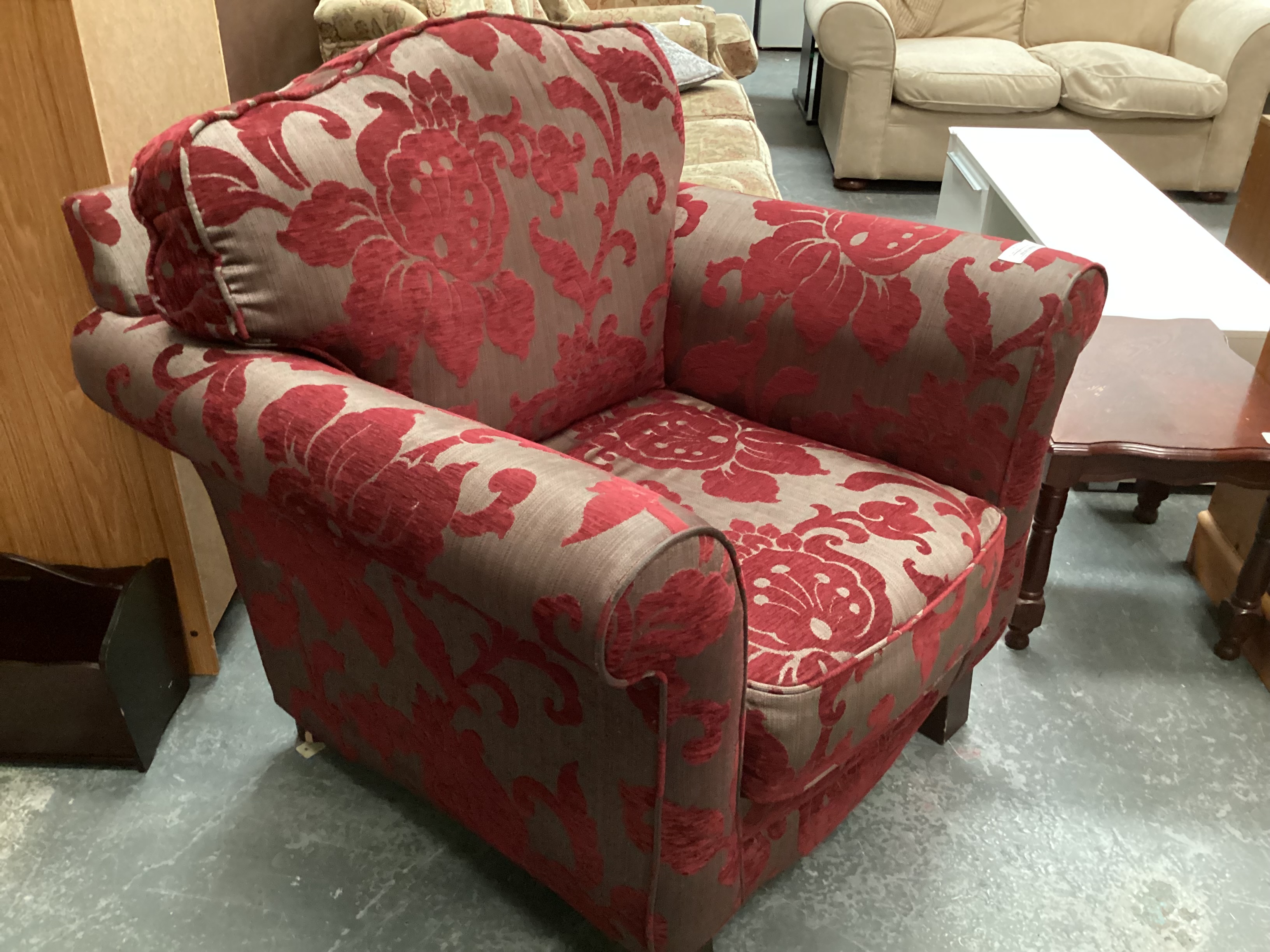 Red & Taupe Floral Armchair